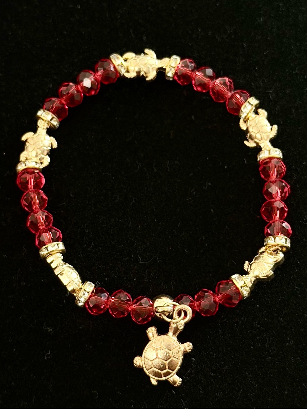 Gold Turtle Charm Red Beaded Stretch Bracelet